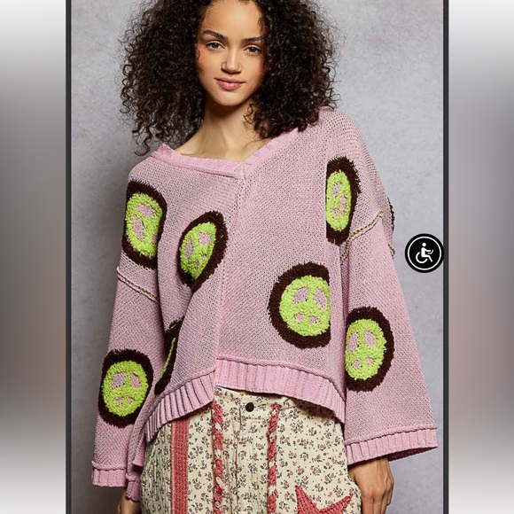 1195. NEW  POL Pink and Green Patterned embroidered  Sherpa  ,Sweater oversized - Picture 1 of 4